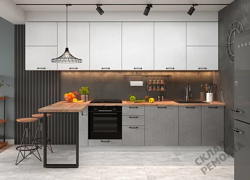 Фото Кухня ДСВ Лофт штукатурка белая/штукатурка серая – купить в Рубцовске: цена, описание, фото. Интернет-магазин 2